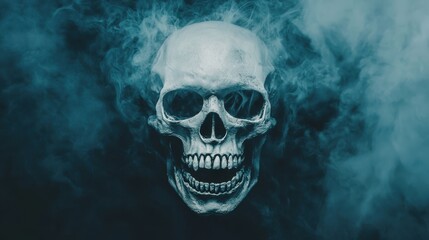 Realistic Skull Surrounded by Dark Smoke with Mysterious Atmosphere for Halloween or Horror Themes in Artistic Photography