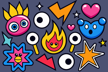 Vector art of colorful cartoon sticker collection featuring quirky characters, flames, hearts, stars, and eyeballs on a dark gray background