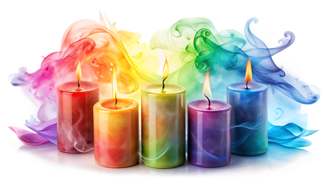 Burning candles with colorful smoke isolated on transparent background, spa concept