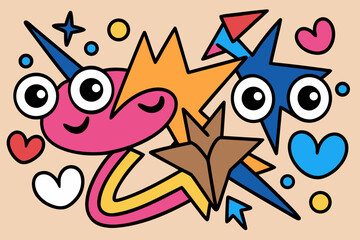 Vector art of a whimsical doodle featuring a cartoon unicorn with stars, hearts, and geometric shapes, creating a playful and colorful composition on a light background
