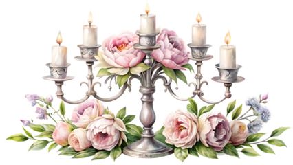 Watercolor illustration of a candelabra with flowers isolated on transparent background