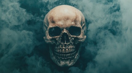 Human skull against a dark smoky background creating a haunting atmosphere evocative of mystery, decay, and the concept of mortality in a surreal setting.