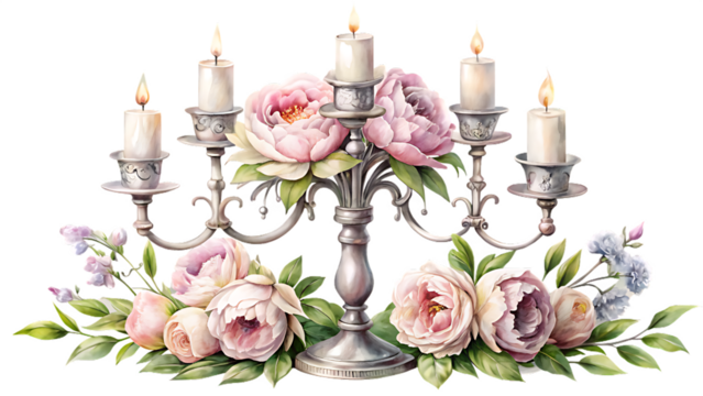 Watercolor illustration of a candelabra with flowers isolated on transparent background