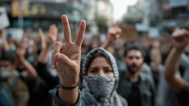 A woman is standing in front of a large group of people, holding up a peace sign. Close up hand holding ceasefire sign in protest crowd, documentary muted Gaza ceasefire