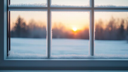 Peaceful Winter Sunrise Through a Frosted Window Framing a Colorful Horizon with Snowy Landscape and Gentle Warm Light