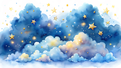 Watercolor painting of dreamy blue clouds and golden stars on transparent background