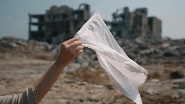 A person holding a white cloth. The cloth is white and has a pattern. Close up faceless person holding white flag with faint Gaza ruins background, ceasefire dramatic muted editorial