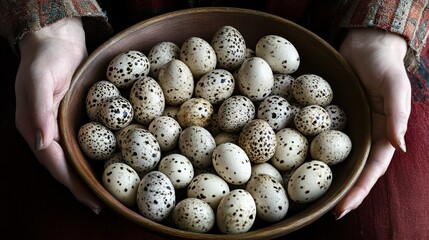 Speckled eggs in wooden bowl