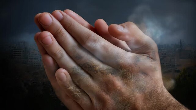 A hand is shown with a lot of dirt on it. The hand is in a prayer position. Close up praying hands with faint Gaza city silhouette background, dramatic muted ceasefire