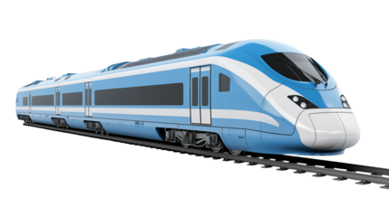 Modern blue and white passenger train ready for fast travel across the countryside