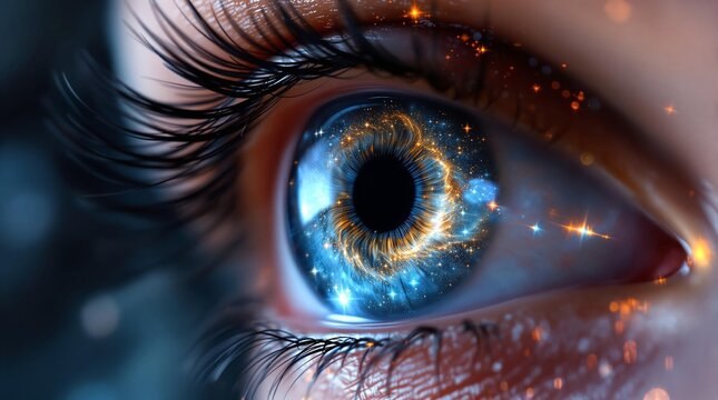 A mesmerizing close-up of a human eye with a galaxy nebula iris and sparkling stardust.