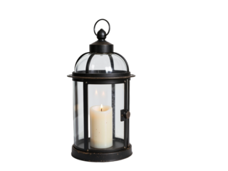 Lantern with candle creates warm ambiance in cozy indoor setting