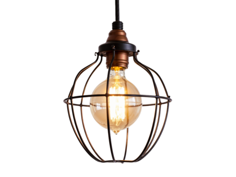 A pendant light fixture hangs from the ceiling, casting a warm glow in the room. Its vintage design features a glass bulb enclosed in a wire cage, enhancing the rustic decor.