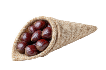 A burlap cone filled with fresh chestnuts isolated on transparent background