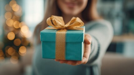 Woman offering a turquoise gift box with gold ribbon in Christmas room 