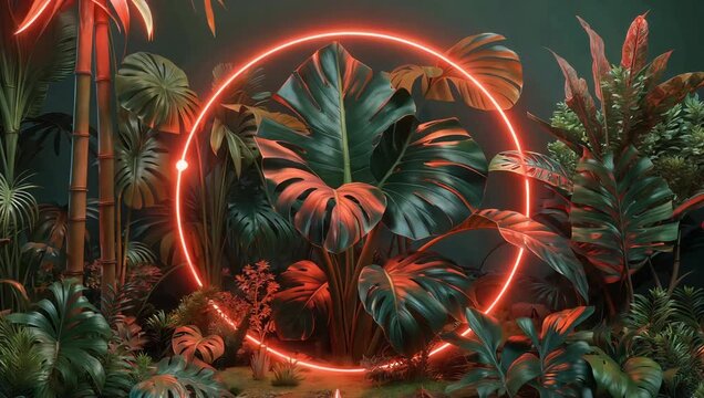 Lush tropical plants are illuminated by a vibrant neon circle creating a surreal and captivating jungle scene perfect for backgrounds and artistic projects and designs