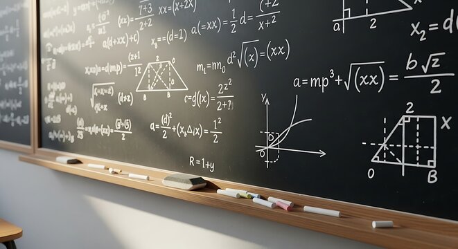 Chalkboard Equations and Geometric Diagrams Illustrating Mathematical Concepts for Education, Academic Research, and Classroom Instruction.