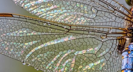 Dragonfly Wing Close-Up: Iridescent Pattern with Water Droplets, Intricate Veins