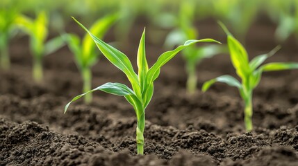 Fresh Green Corn Seedlings Growing in Rich Dark Soil Under Bright Sunlight in a Beautiful Agricultural Field Landscape