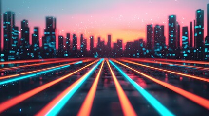 Vibrant Neon Cityscape at Dusk with Colorful Light Trails and Urban Skyline Silhouettes in the Background