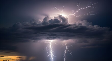 A dramatic sky filled with dark clouds and bright lightning strikes during a powerful thunderstorm