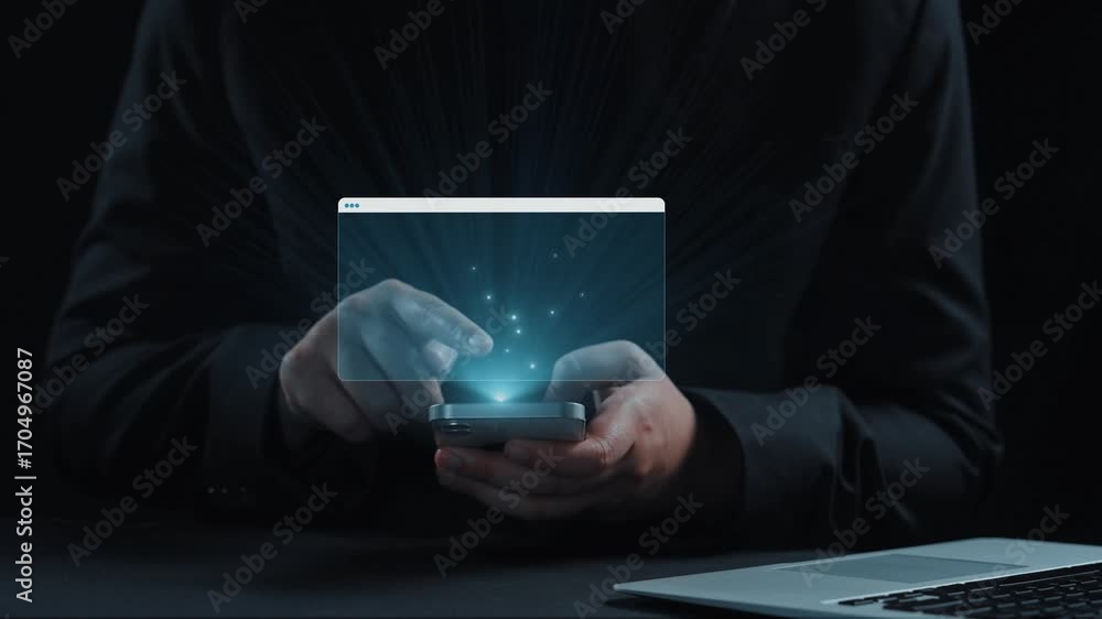 Poster a person uses a smartphone to interact with a futuristic ai-powered human resource management system