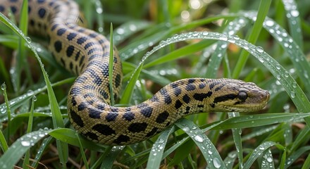 Obraz premium A yellow anaconda rests among blades of green grass covered in water droplets in a natural setting
