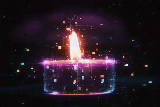 Futuristic cyberpunk digital flame with neon light and glitch effect