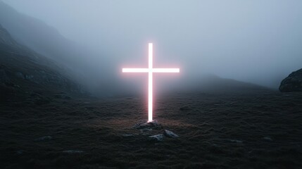Ethereal Light Cross Illuminates Foggy Landscape, Symbolizing Hope, Faith, and Spirituality in Nature's Mysterious Environment