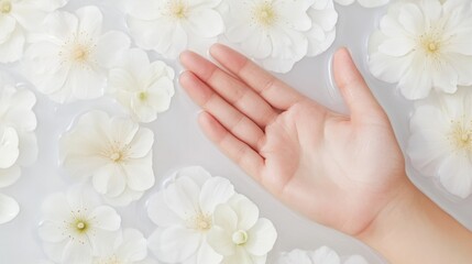 Delicate hand on white flowers