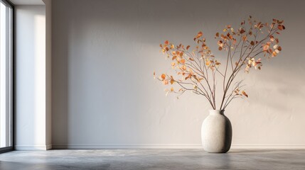 Minimalist Interior with Vase of Autumn Leaves in Soft Neutral Tones and Ample Negative Space