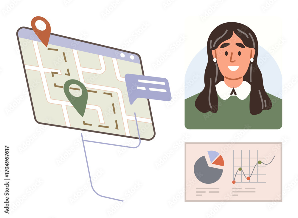 Poster digital map with location pins, data charts, and speech bubble beside a smiling person portrait. ide