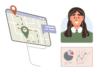 Digital map with location pins, data charts, and speech bubble beside a smiling person portrait. Ideal for GPS navigation, business analysis, customer interaction, online meetings, user-centric