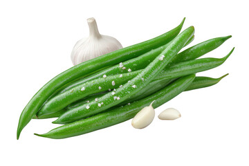 Fresh green beans with garlic and salt isolated on transparent background