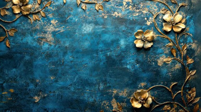 Golden Floral Ornament on Blue.