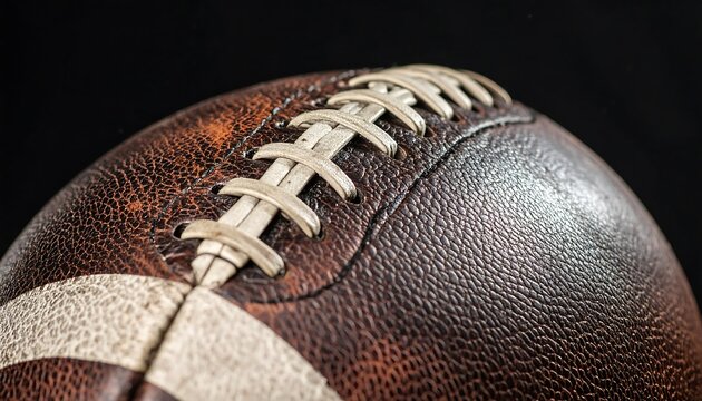 Close-up of a textured American football with white laces against a dark background.