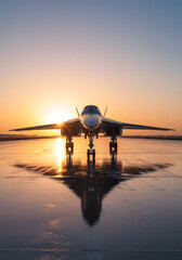 Modern Jet Plane with Reflections at Sunrise High Speed Travel