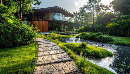 Fototapeta premium Modern house with walkway and pond