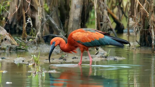 Vibrant scarlet ibis wading in shallow water with its reflection visible a stunning bird with orange plumage and a long curved beak foraging in its natural habitat near trees