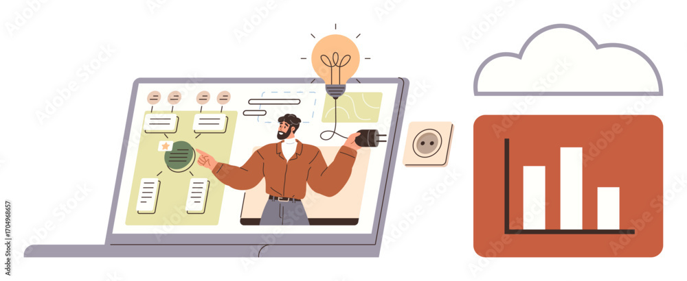 Poster man presenting ideas on laptop screen with flowcharts and lightbulb icon, plugged into a power outle