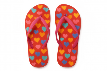 Red flip-flops decorated with colorful hearts isolated on a transparent background, perfect for summer and vacation themes