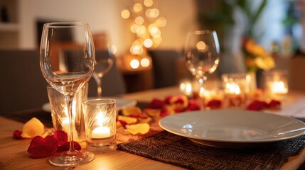Modern Dining Room Set for Two with Candles Rose Petals Warm Light Diverse Models Smiling