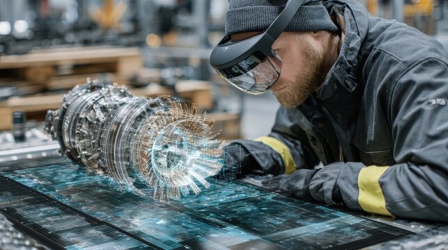 Two male Engineers Inspecting an engine in Factory Using Augmented Reality with Tablets and Wearing Helmets in daytime