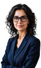 Obraz premium trustworthy legal expert - A close-up headshot of a middle-aged woman with curly hair and glasses wearing a navy suit