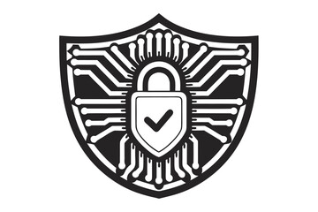Circuit Shield with Padlock and Checkmark on White Background Design