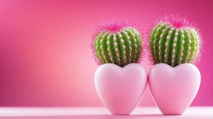 Cacti in heart shaped pots pink background