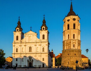 Fototapeta premium European church and bell tower at sunset