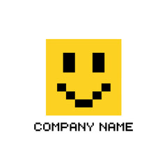 Obraz premium Pixelated yellow square smiley face logo design.