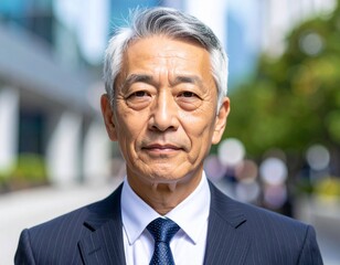 Japanese senior businessman with thinning hair, standing outdoors in suit, looking