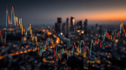 Stock market analysis candlestick charts and data displayed against blurred city night skyline, financial investment and trading concept